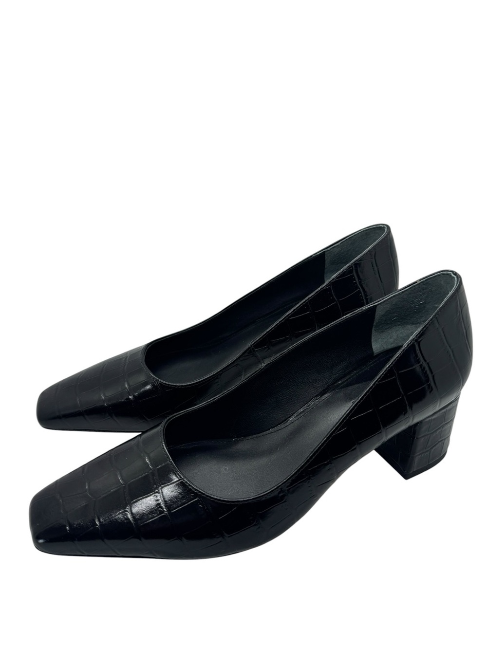 J.McLaughlin Black Croc Embossed Square Toe  Block Heels Pumps Shoe Size 8 - Picture 2 of 14